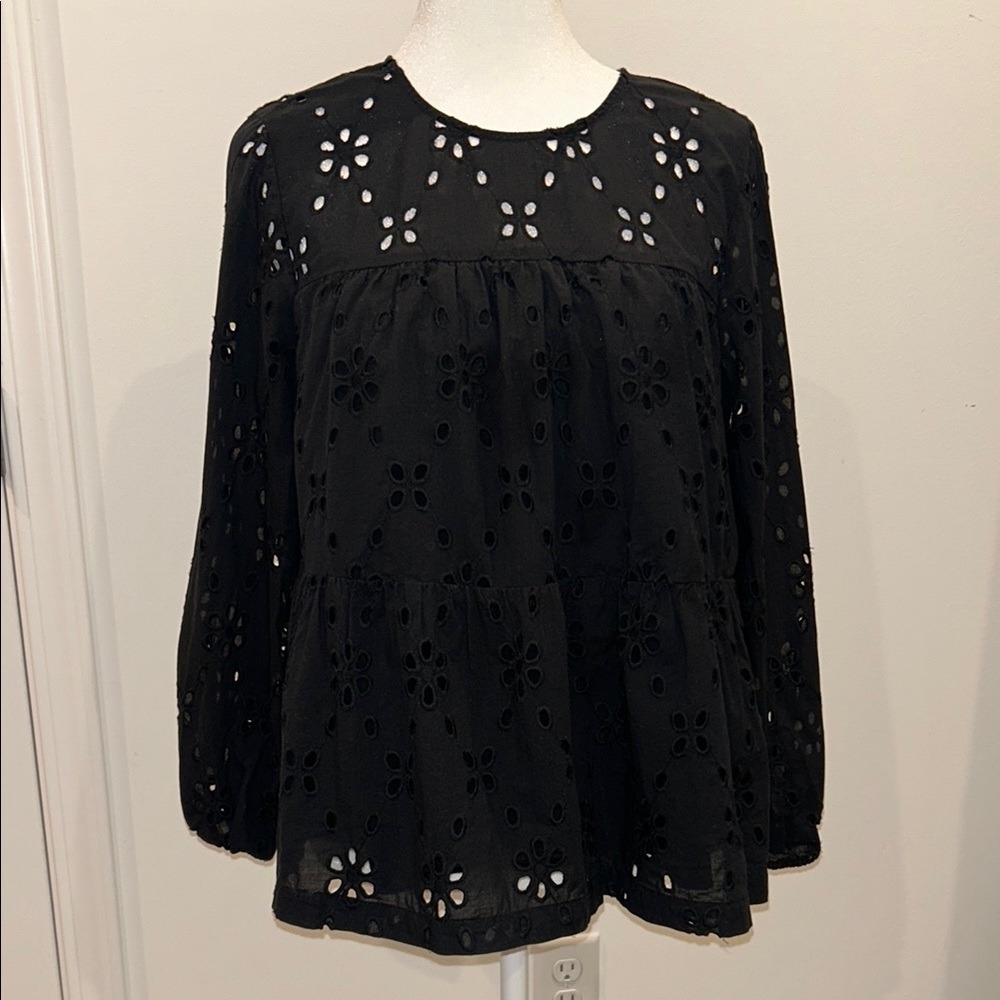 J.Crew Black Eyelet Tiered Popover Top, Size Small - Picture 2 of 8